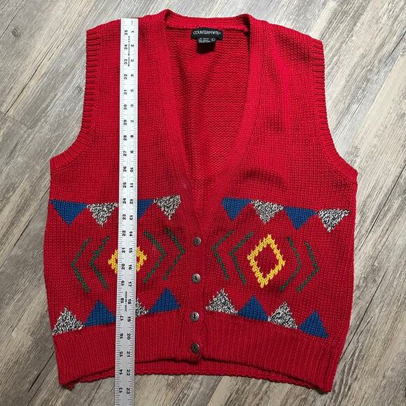 Vtg 90s Counterparts Sweater Vest Red Colorful Geometric Supermarket Sweep - Picture 3 of 8